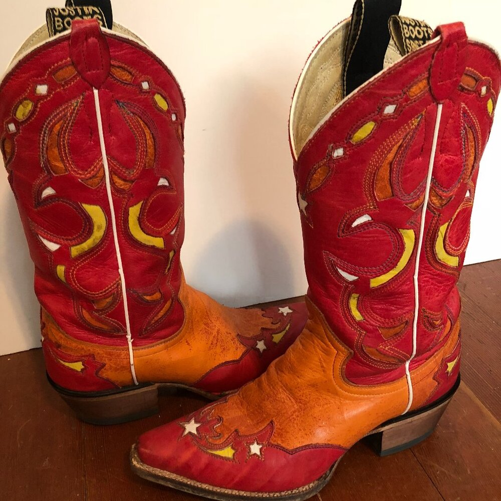 Justin Cowgirl Boots; size 5; Red with yellow, orange, and white.